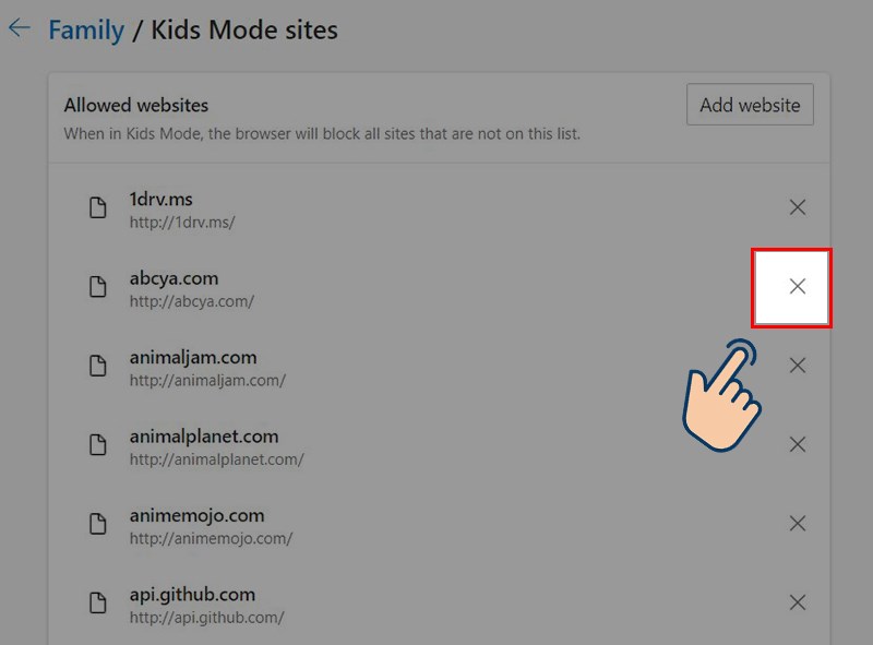 Chọn X v&agrave;o trang web để x&oacute;a trang web đ&oacute;.