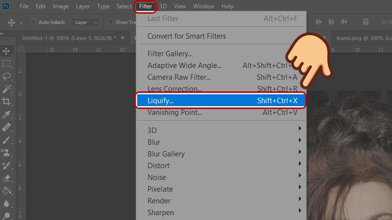 Vào menu Filter và chọn Liquify