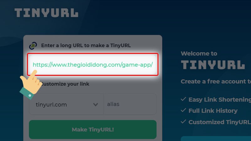 dán đường link bạn muốn chuyển đổi vào ô Enter a long URL to make a TinyURL