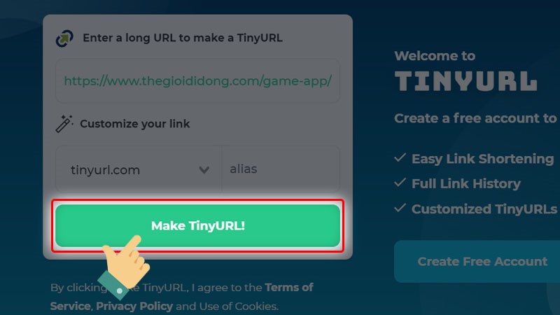 Nhấn vào Make TinyURL để xác nhận chuyển đổi