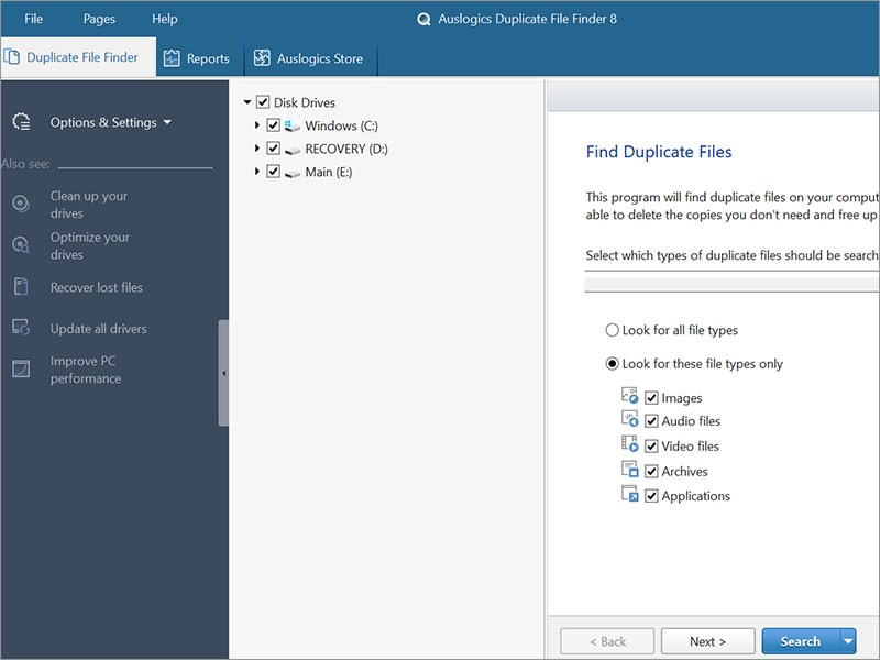Giao diện chính của Auslogics Duplicate File Finder