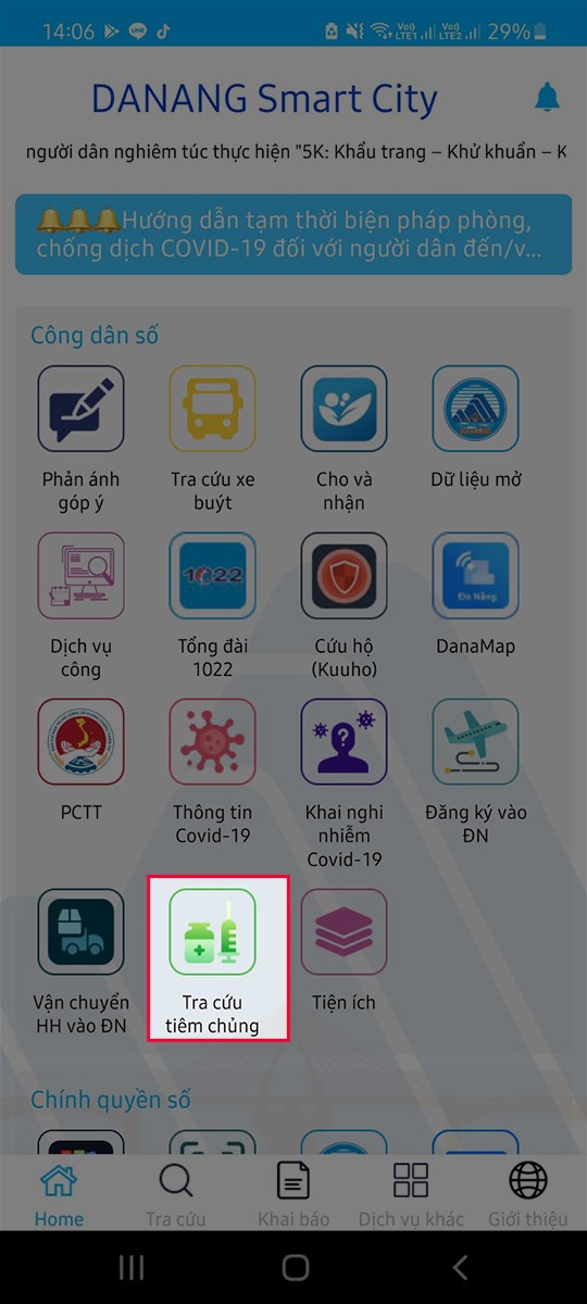 Chọn Tra cứu ti&ecirc;m chủng tr&ecirc;n ứng dụng Danang Smart City