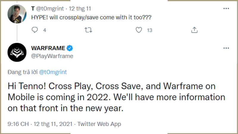 Twitter x&aacute;c nhận ra mắt bản Mobile v&agrave;o năm 2022 của Warframe