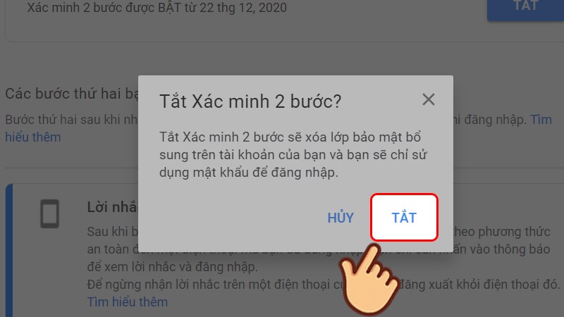 Nhấn TẮT để xác nhận tắt xác minh 2 bước