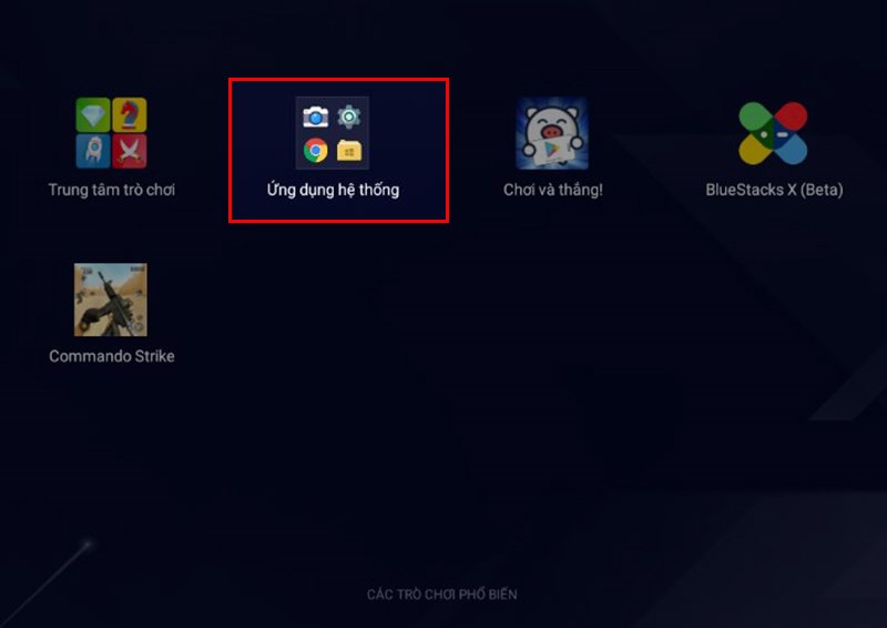 Vào Bluestacks, tại đây chọn vào Ứng dụng hệ thống.