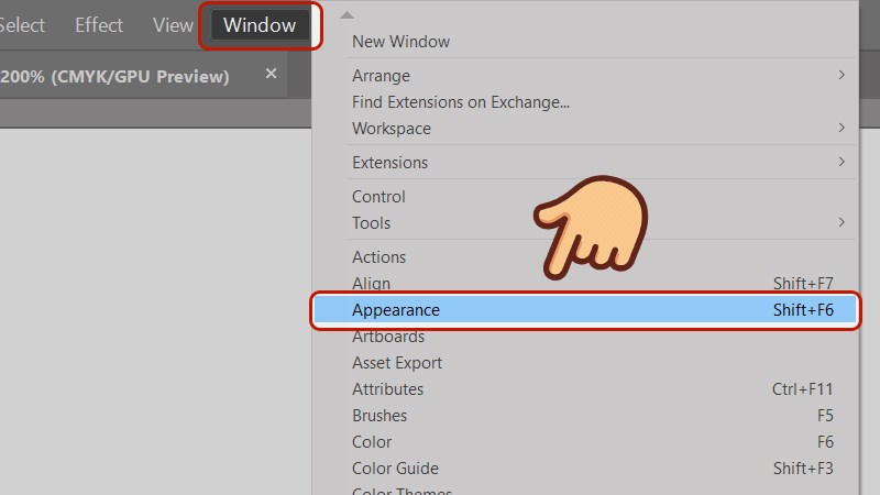 Chọn thẻ Windows > Appearance (ph&iacute;m tắt Shift + F6)