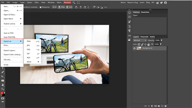 Cách chuyển file PSD sang JPG, PNG, BMP hoặc GIF trên Photopea