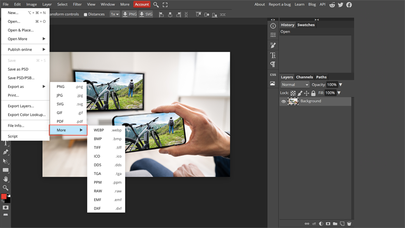 Cách chuyển file PSD sang JPG, PNG, BMP hoặc GIF trên Photopea