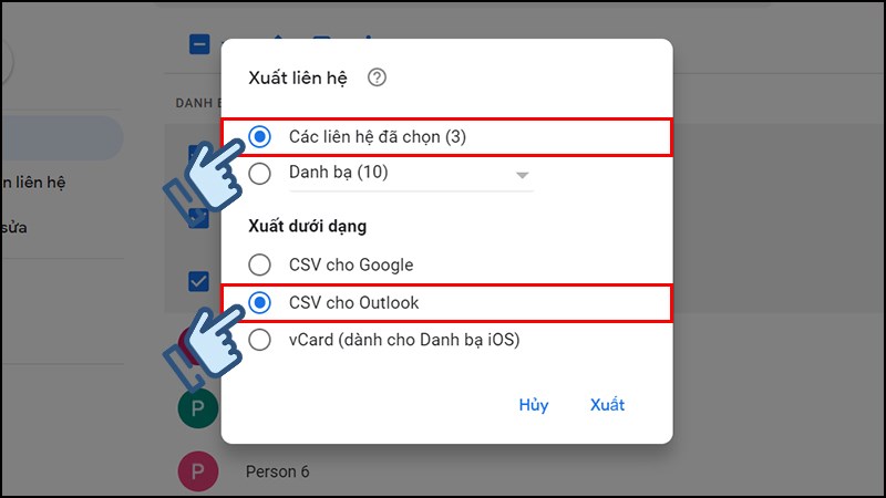 Chọn Các liên hệ đã chọn và xuất dưới định dạng CSV cho Outlook