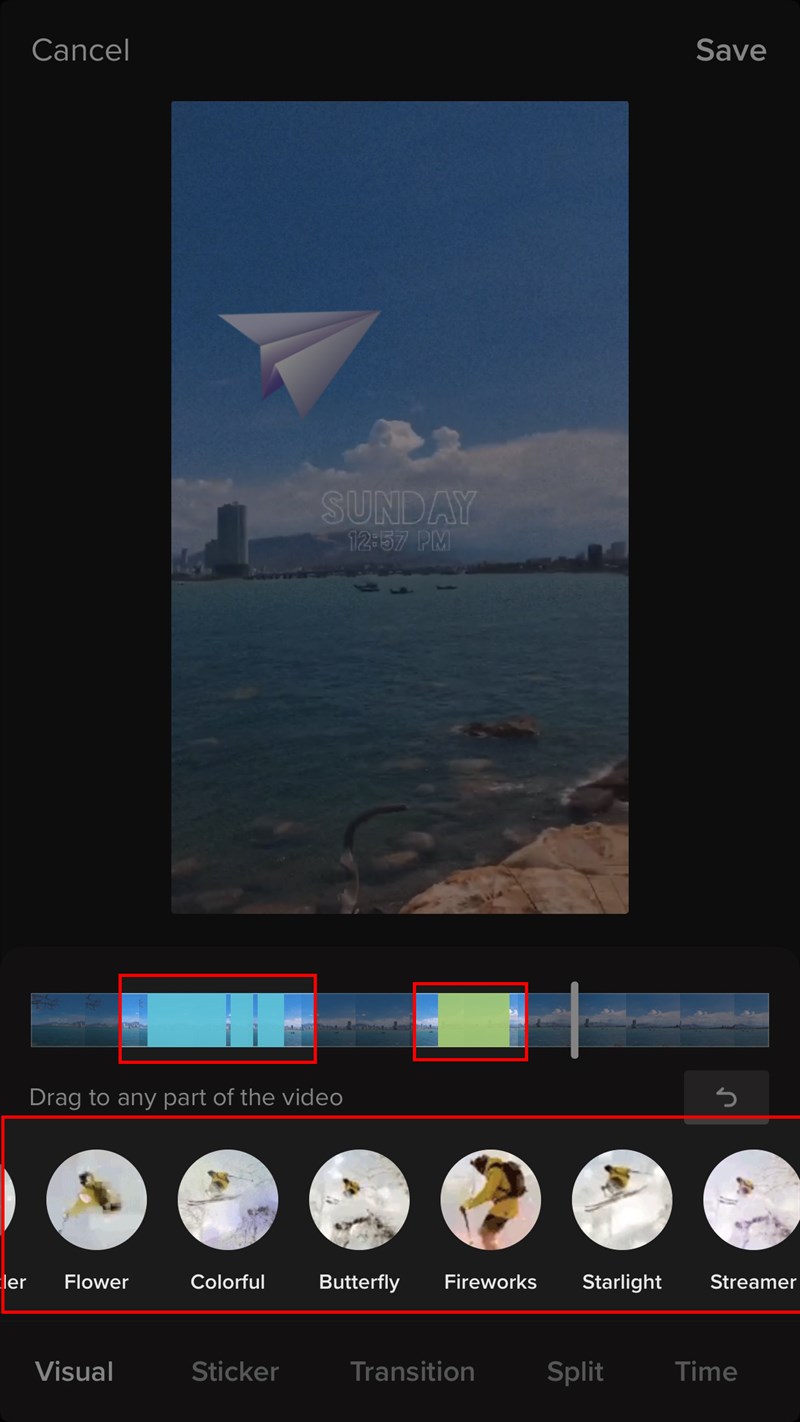 Chọn hiệu ứng tuỳ th&iacute;ch, căn chỉnh thời gian xuất hiện hiệu ứng tr&ecirc;n video