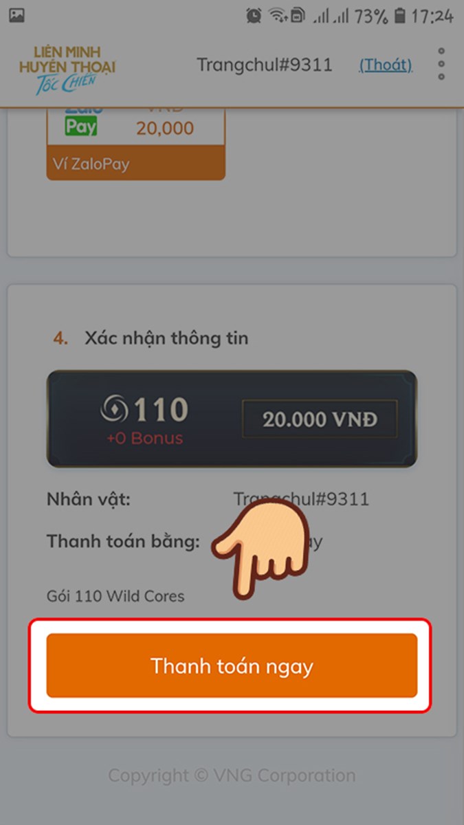 Xác nhận thông tin và chọn Thanh toán ngay