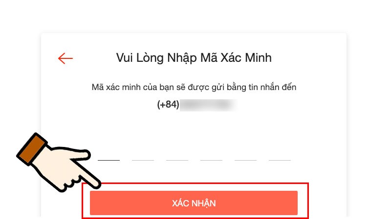 Nhập mã xác nhận gửi về điện thoại