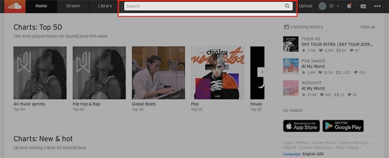 Truy cập SoundCloud > Nhập tên bài hát bạn muốn tải vào khung tìm kiếm