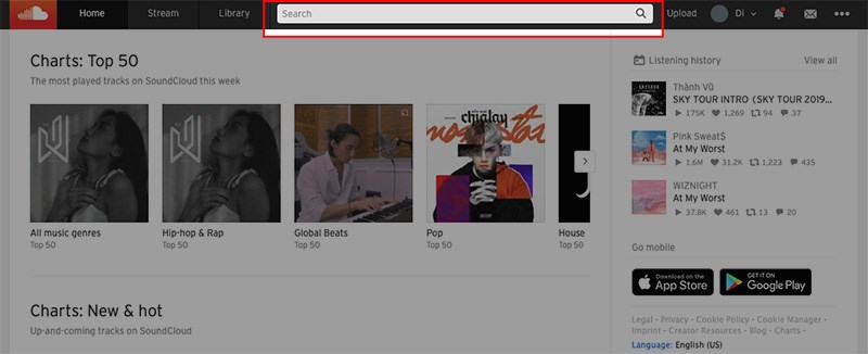 Sau khi đã đăng nhập vào SoundCloud, nhập tên bài hát bạn muốn tải vào khung tìm kiếm