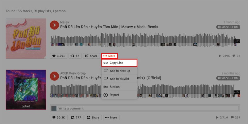 Chọn bài hát mà bạn muốn tải > Chọn More > Chọn Copy Link