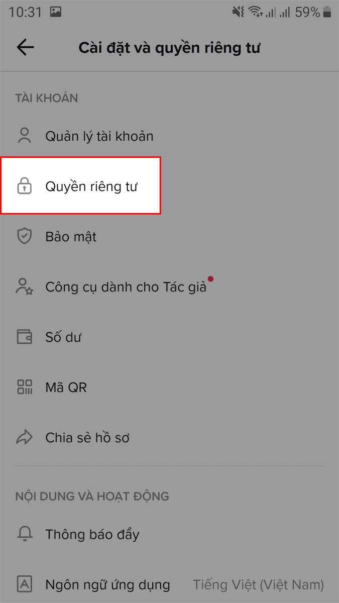 Chọn Quyền riêng tư