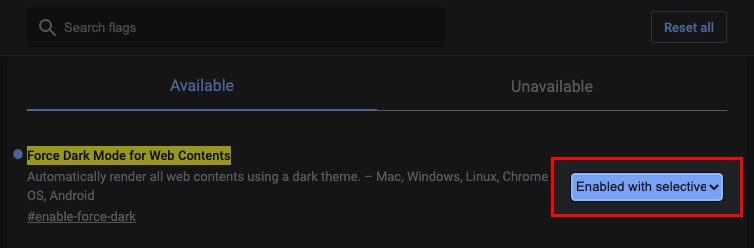 Chọn Enabled with selective tại mục Force Dark Mode for Web Contents