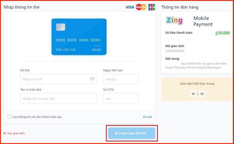 Nhập thông tin thẻ tín dụng của bạn và chọn thanh toán