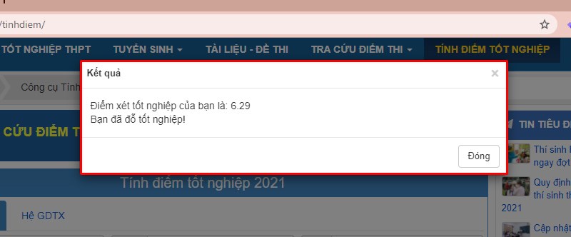 Kết quả điểm xét tốt nghiệp