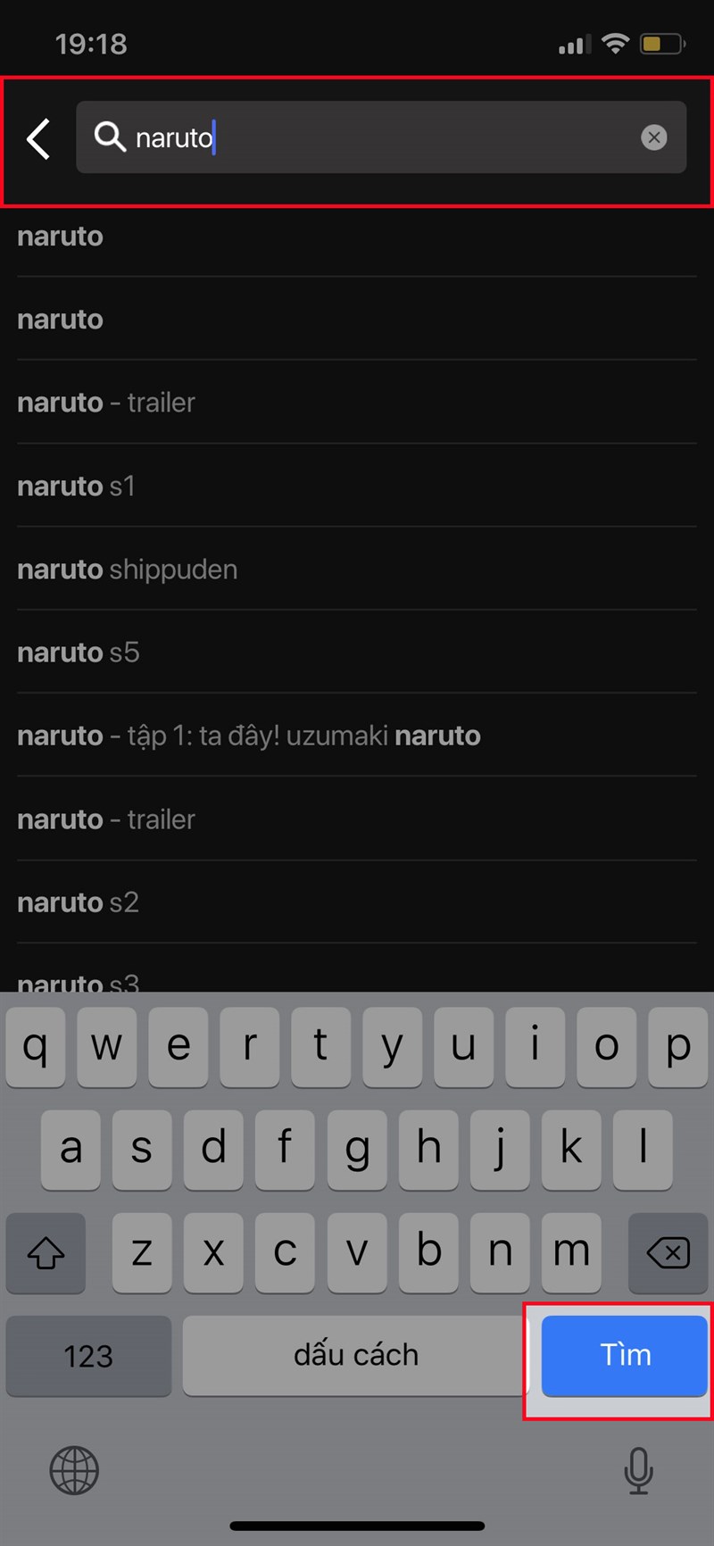 Gõ tìm kiếm Naruto > Nhấn Tìm