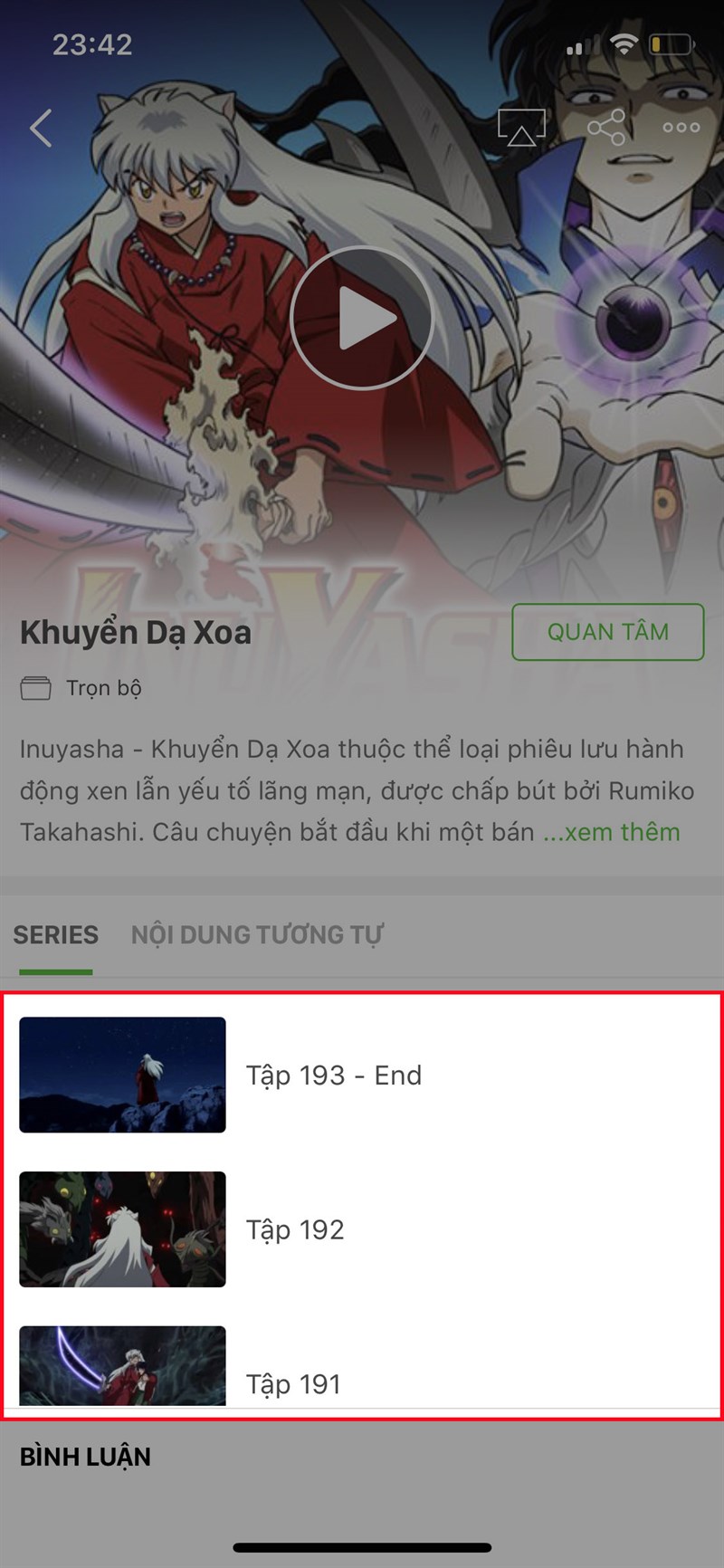 Tại đây sẽ xuất hiện các tập phim của InuYasha, chọn tập phim bạn muốn xem