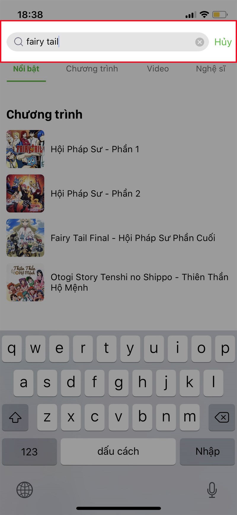 Nhập tên phim Fairy Tail vào khung tìm kiếm