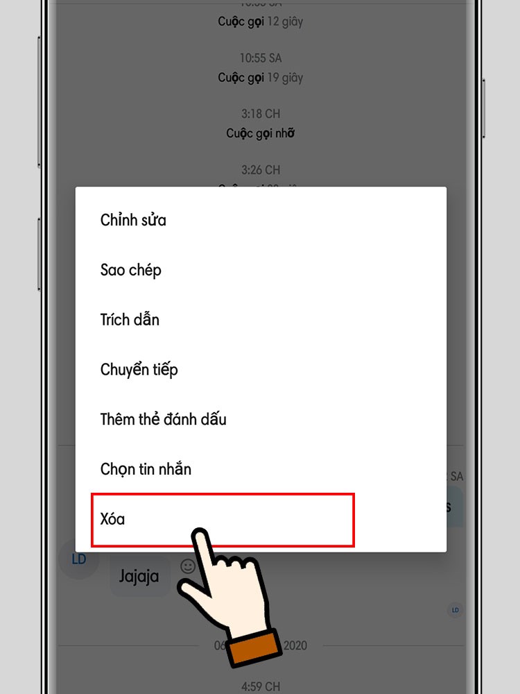 Nhấn giữ vào tin nhắn muốn xóa khoảng 3s > Chọn xóa.