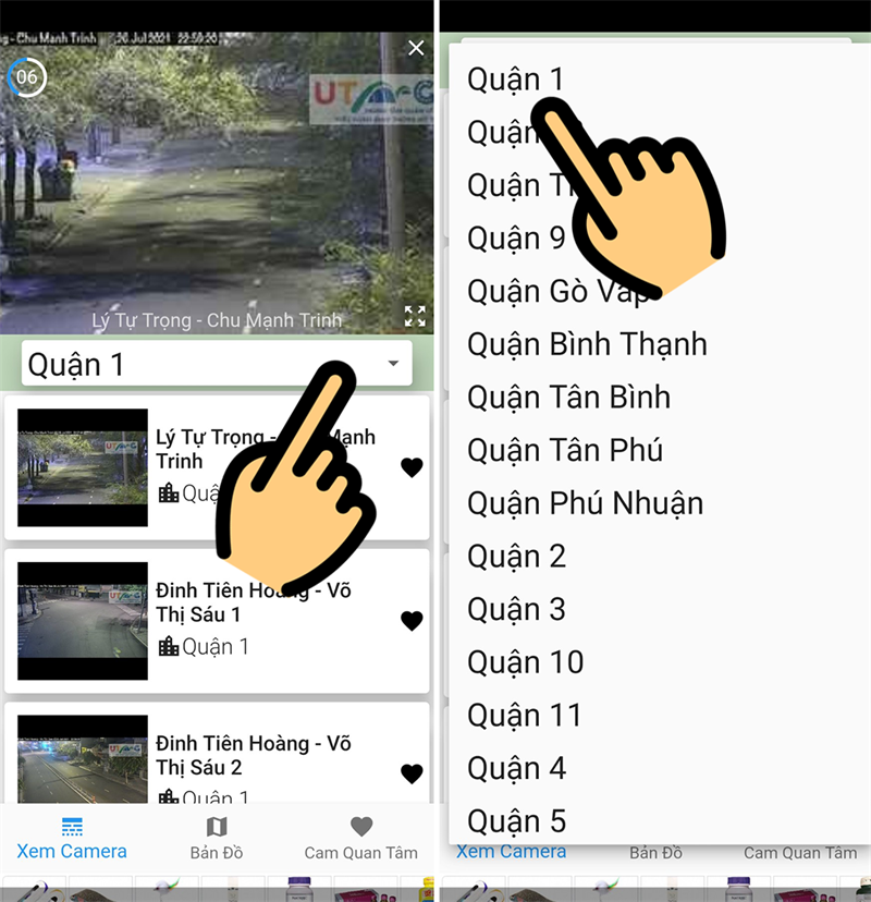 Chọn mục Quận và chọn quận muốn xem camera