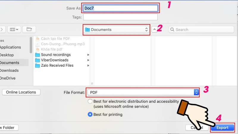 Đặt tên, thư mục lưu trữ, định dạng PDF > Chọn Export là xong nhé!