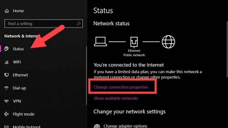  Tại mục Status, nhấn vào Change Connection Properties.