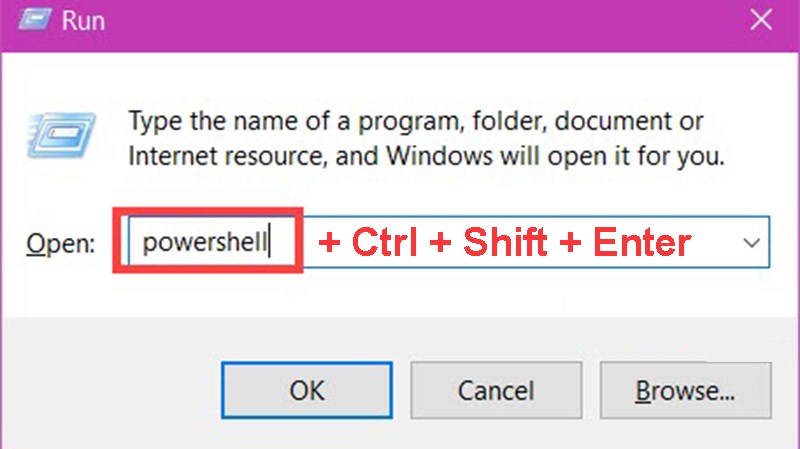 Nhấn tổ hợp phím Windows + R và gõ Powershell, sau đó nhấn tổ hợp phím Ctrl + Shift + Enter