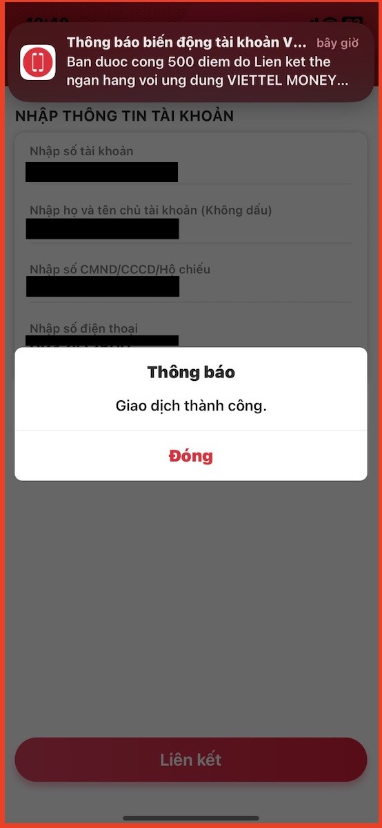 Liên kết thẻ thành công 