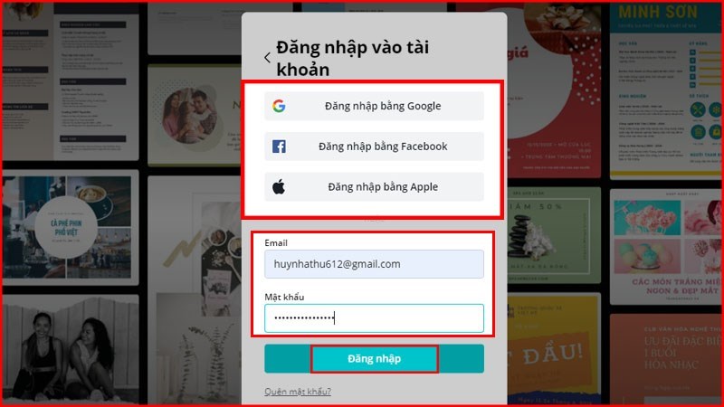 Lúc này bạn có thể dùng tài khoản vừa tạo để đăng nhập hoặc có thể liên kết với các tài khoản liên quan như: Google, Facebook, ID Apple để bắt đầu truy cập và sử dụng Canva