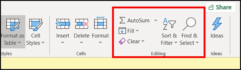 Ở tab Home, phần Editing > Chọn Fill.