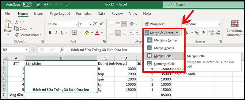 Click vào Merge and Center (gộp và căn giữa ô) hoặc Merge Cells (gộp các ô), tùy vào việc bạn muốn thông tin trong ô được gộp có căn lề chính giữa hay không.