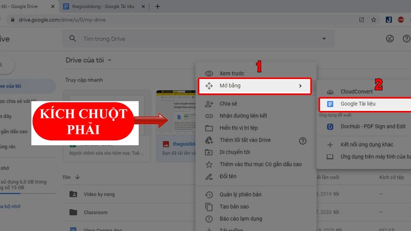 K&iacute;ch chuột phải v&agrave;o h&igrave;nh ảnh đ&atilde; tải > Chọn Mở Bằng > Google T&agrave;i liệu.