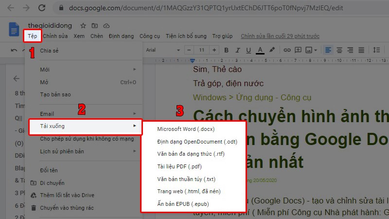 Sau khi chỉnh sửa xong. Chọn Tệp > Tải xuống. Chọn địn dạng file tải xuống l&agrave; PDF, WORD,...