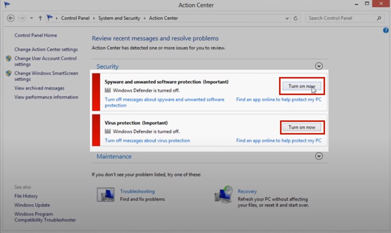 Nhấn chọn On/Off ở các mục có hiển thị Windows Defender