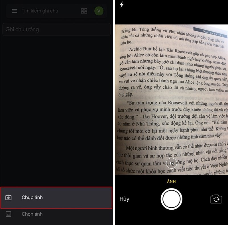Nhấn chọn Chụp ảnh để chụp ảnh cần chuyển sang văn bản