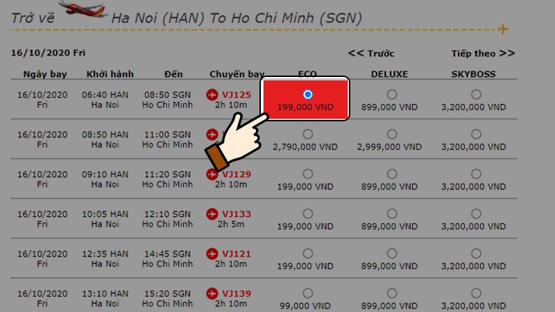Lựa chọn chuyến bay về