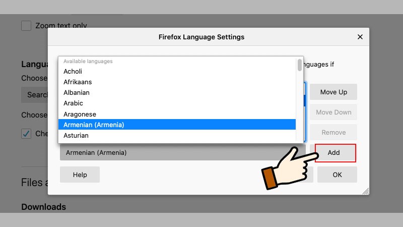 Chọn Select a language to add > Tìm ngôn ngữ muốn chuyển đổi, nhấn Add