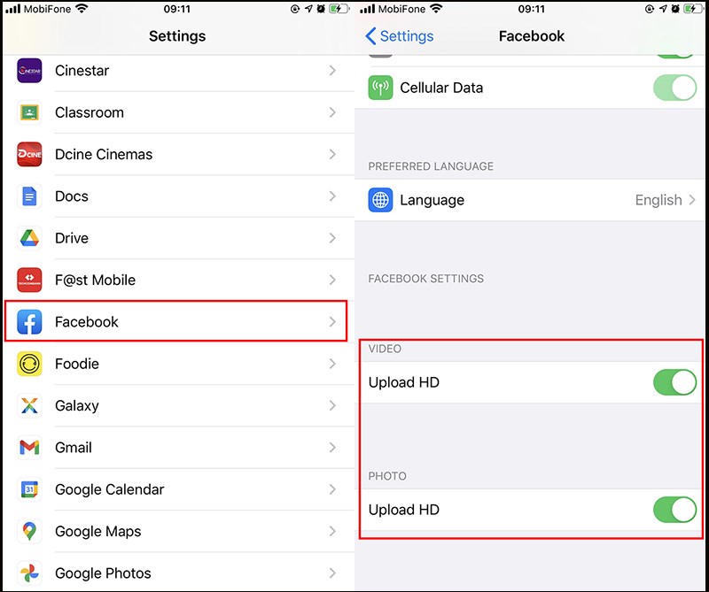 V&agrave;o C&agrave;i đặt (Setting) > Mở Facebook > Bật Upload HD Video v&agrave; Photo