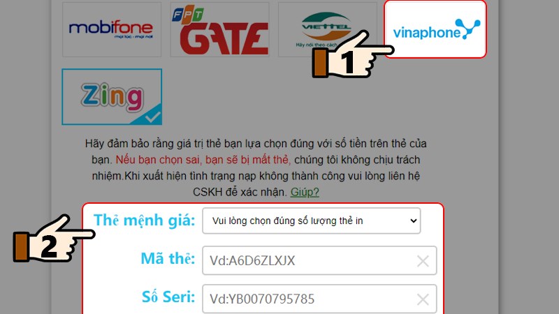 Nhấn chọn đúng mệnh giá thẻ > Nhập mã thẻ và số seri