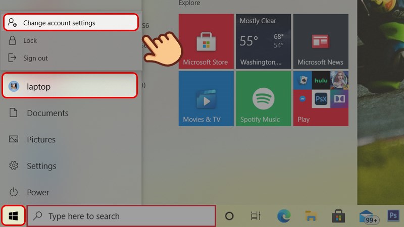 Tại màn hình Desktop, chọn biểu tượng Windows phía dưới góc trái, chọn hình avatar và chọn Change account settings