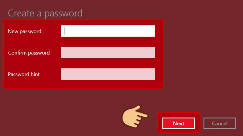 Tại hộp thoại khai báo mật khẩu mới, bạn bỏ trống cả 3 ô như hình bên dưới và bấm Next để tiếp tục