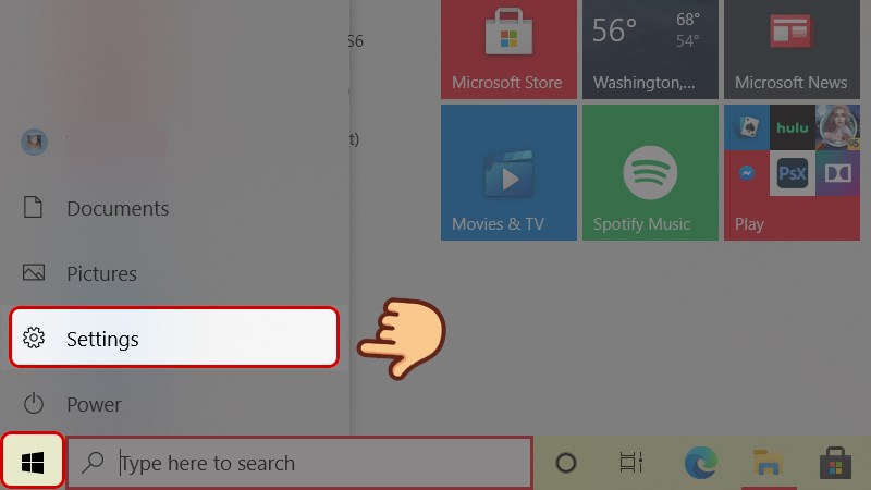 Tại màn hình Desktop, chọn biểu tượng Windows phía dưới góc trái và chọn Settings