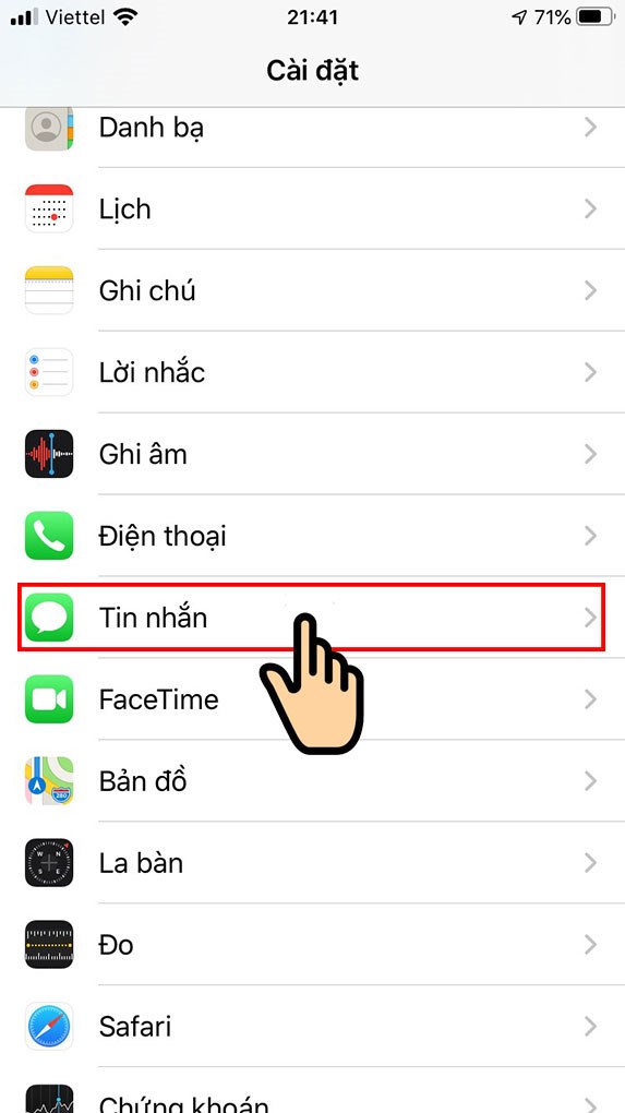 Chọn "Tin nhắn" trong Cài Đặt