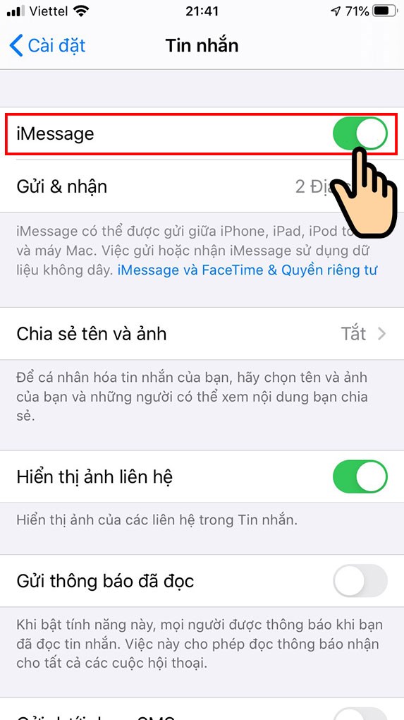 Gạt thanh gạt cạnh "Message" để tắt