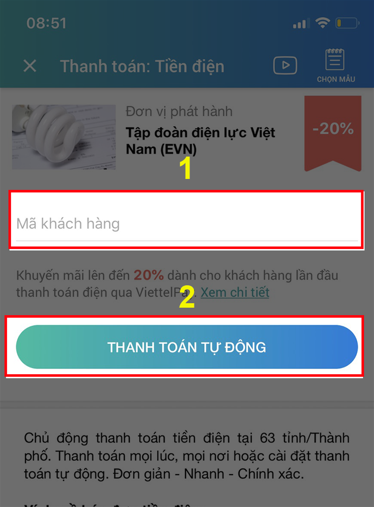 Chọn Tỉnh/thành, chọn nhà cung cấp, Mã thanh toán mà bạn muốn thanh toán hóa đơn tự động.