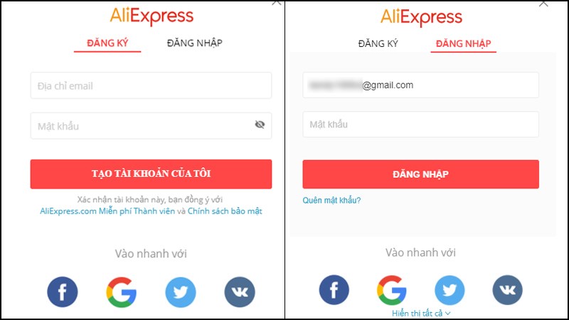 Đăng ký/ đăng nhập tài khoản AliExpress